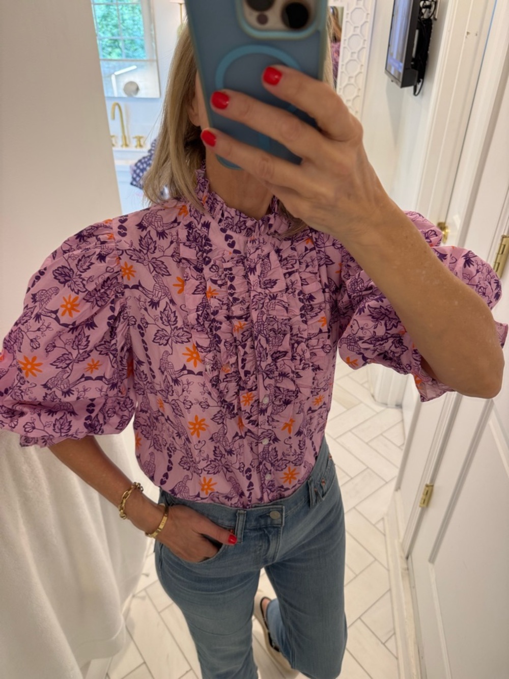 Oliphant Purple Floral Ruffle Puff-Sleeve Blouse